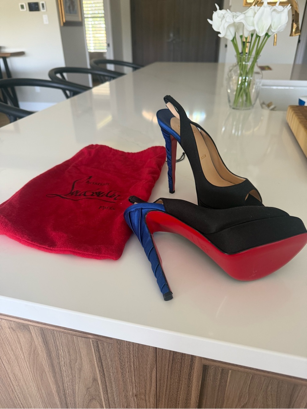 Christian Louboutin Black with Blue Wrapped Heel Peep-Toe Slingbacks